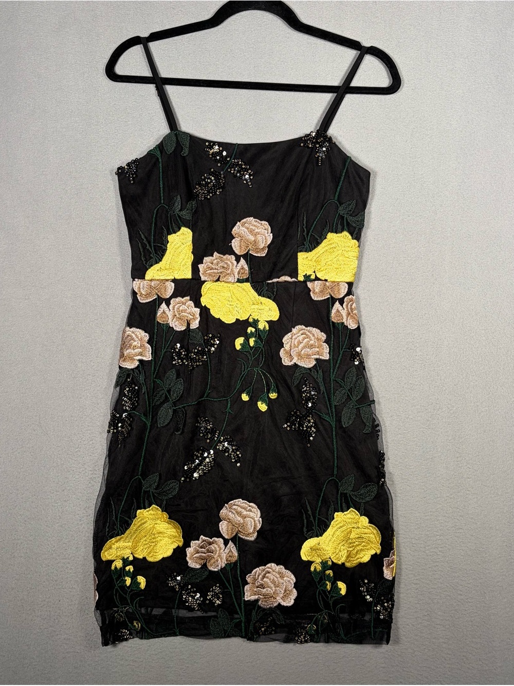 Lulus Rue Floral Embroidered Sequin Bodycon Mini Dress Black Women’s Small Party